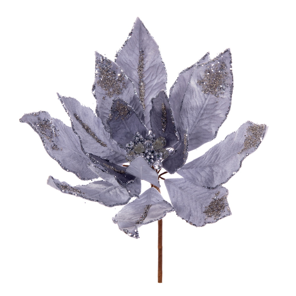 14 in. Artificial Double Sided Velvet Poinsettia Christmas Pick, Silver