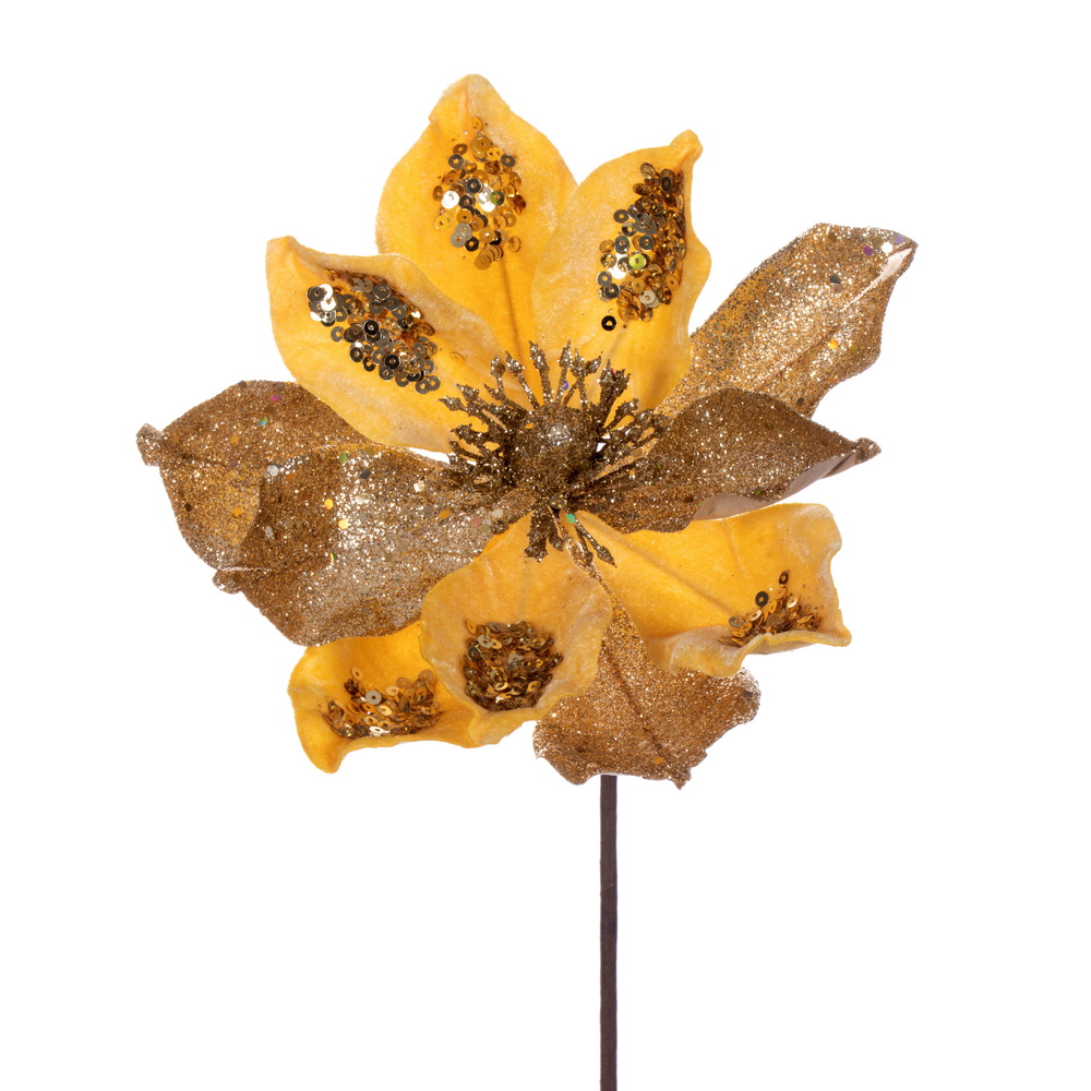 15 in. Artificial Deluxe Magnolia Christmas Stem, Gold - 6 per Bag