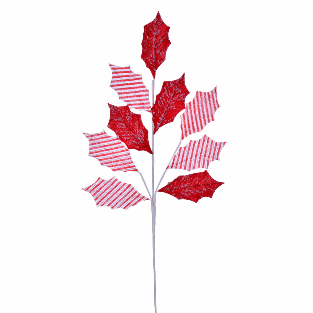 QG213930 25 in. Artificial Striped Holly Leaf Christmas Stem, Red & White - 5 per Bag