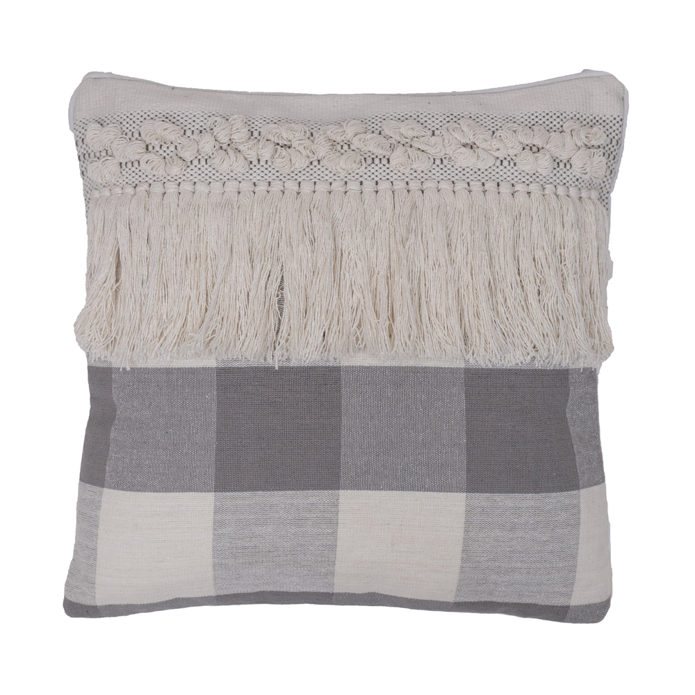 18 x 18 in. Plaid Fringe Cotton Pillow, Grey