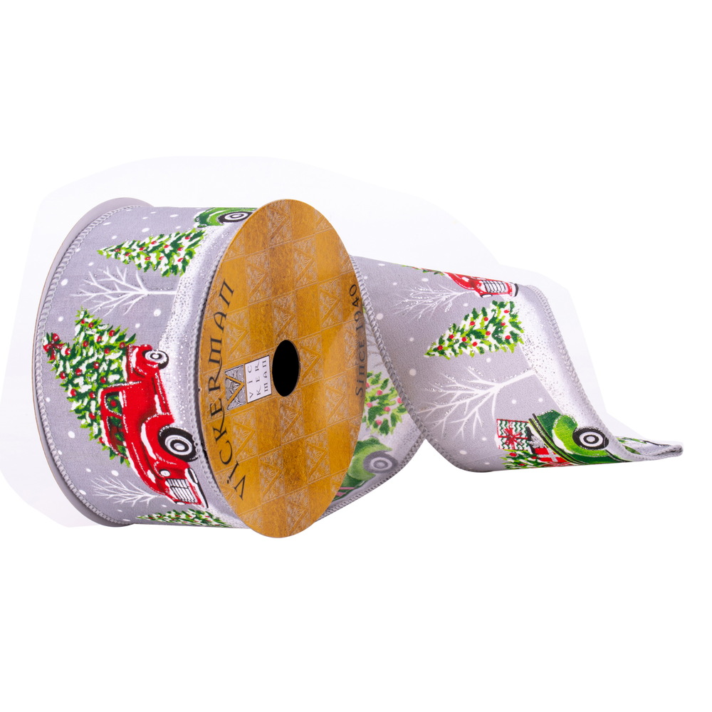 Q214625 2.5 in. x 10 Yards Grey & Green Tree Snow Ribbon