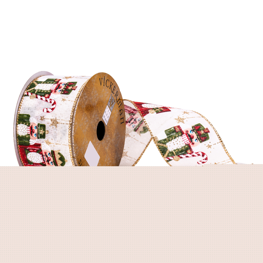 2.5 in. x 10 Yards Beige & Green Nutcracker Ribbon