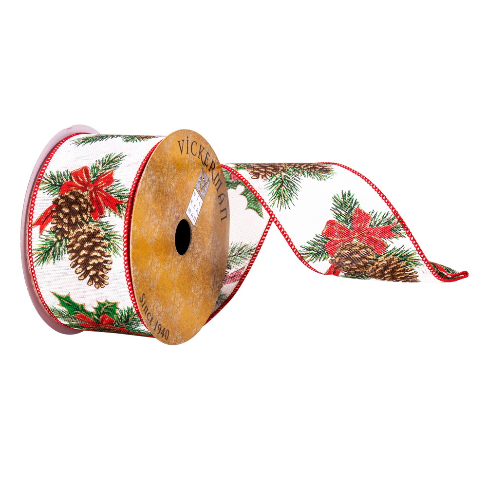 Q214643 2.5 in. x 10 Yards White Pinecone Red Bow Ribbon