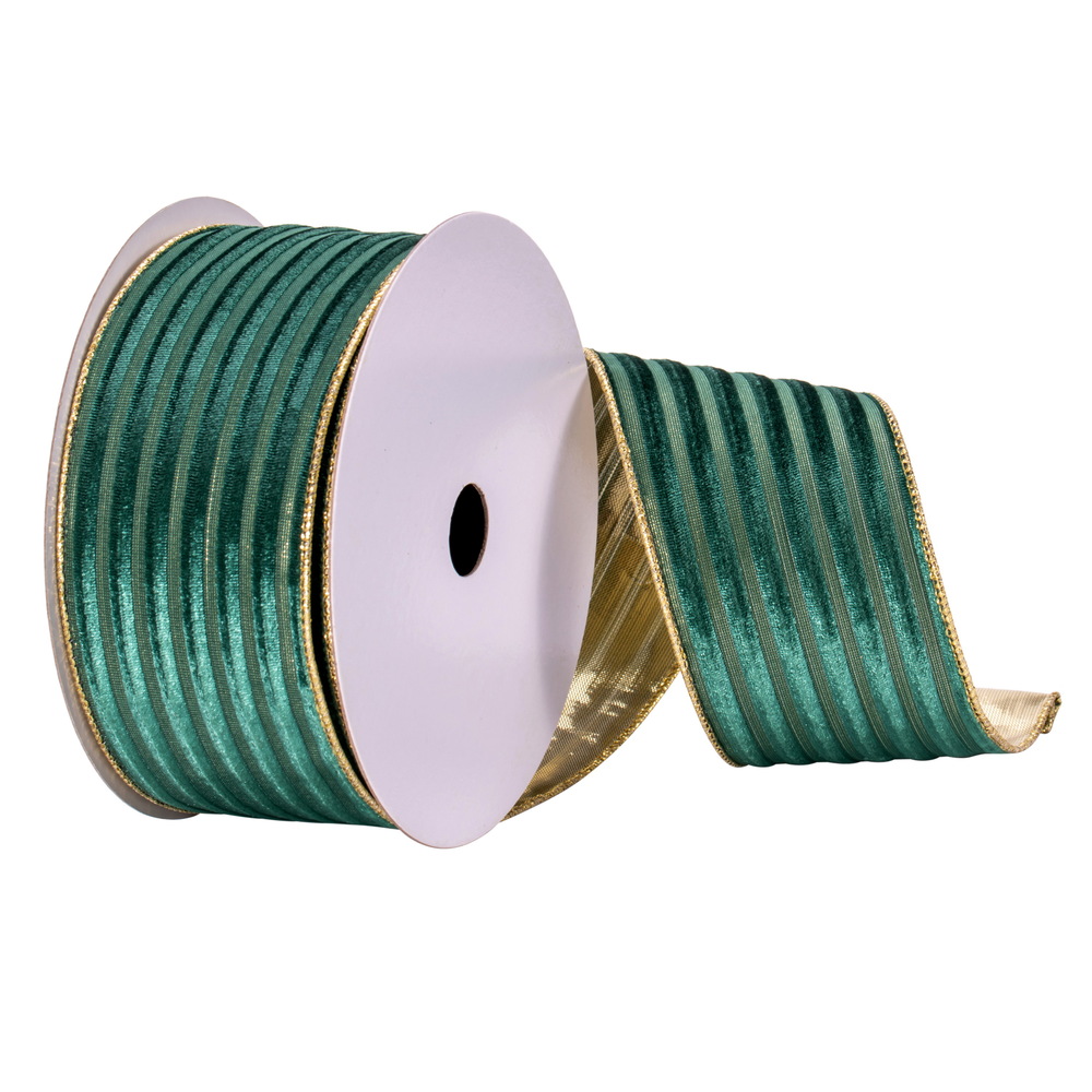 2.5 in. x 10 Yards Green Stripe Gold Back Ribbon