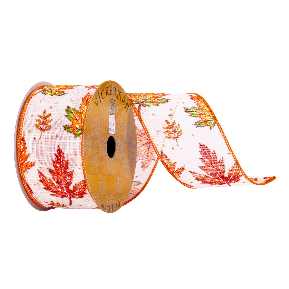 Q215081 2.5 in. x 10 Yards White Fall Leaves Ribbon