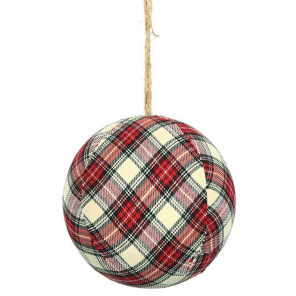 4 in. Plaid Cloth Ball Ornament, Red & White - 4 per Box