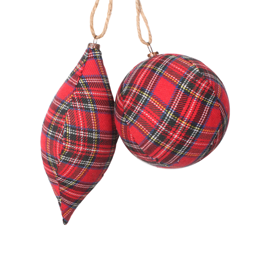 4-7 in. Ball & Finial Plaid Ornament, Red - 4 per Bag