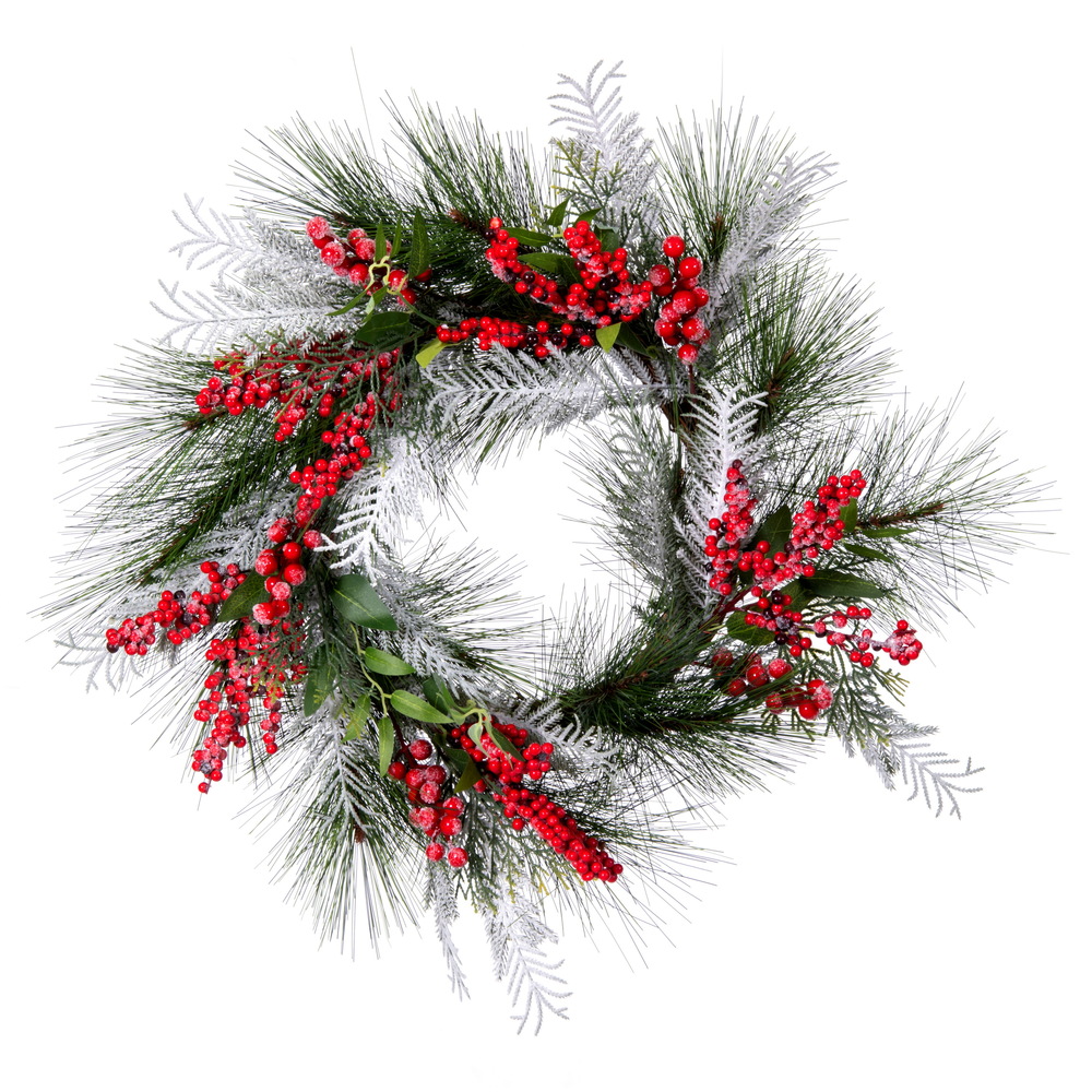 G213024 24 in. Frosted Wreath with Red & Green Decoration & 31 PE-Hardneedle Tips -  Vickerman