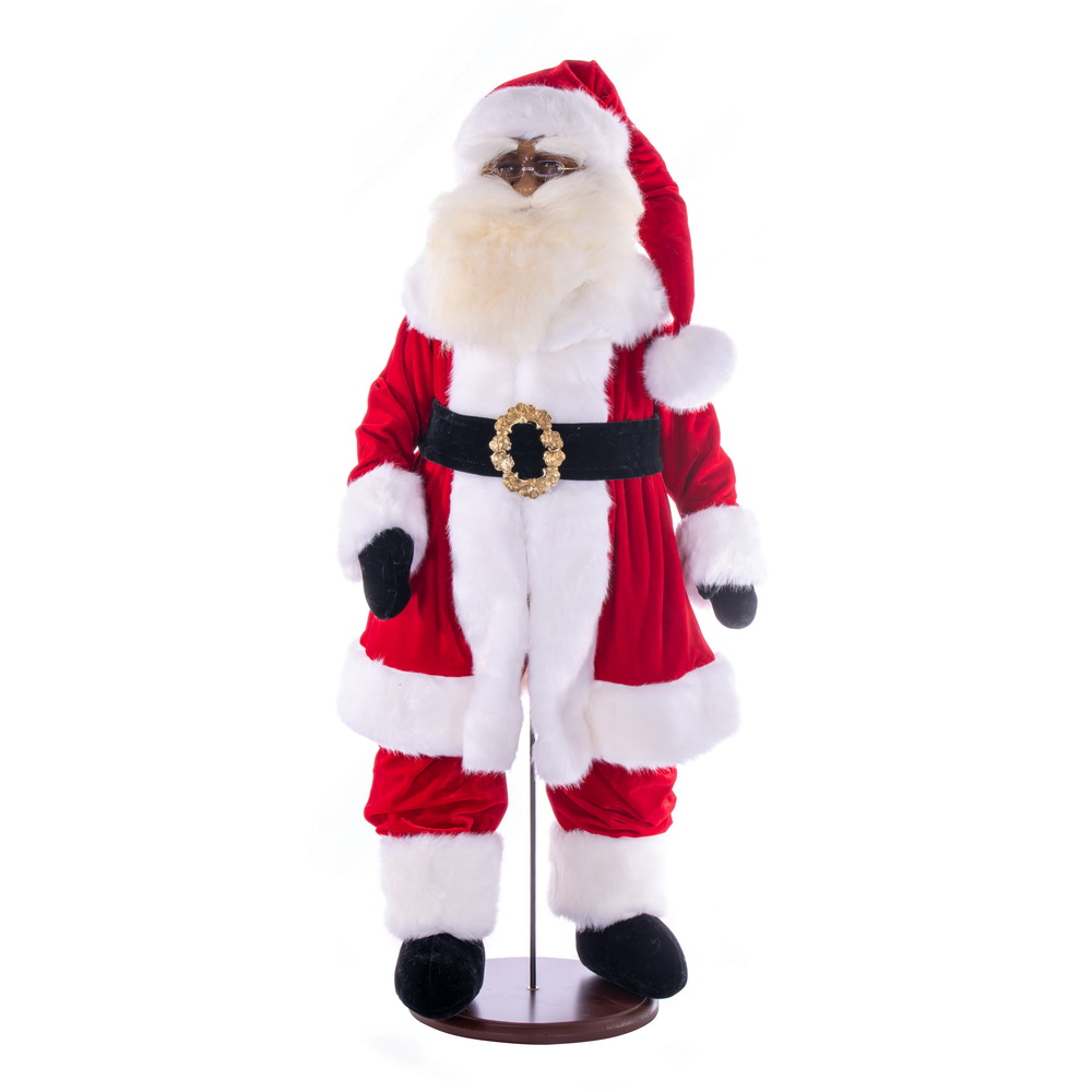 KV210537 36 in. Red Traditional Velvet Santa Doll Figurines Dark Complexion with Stand
