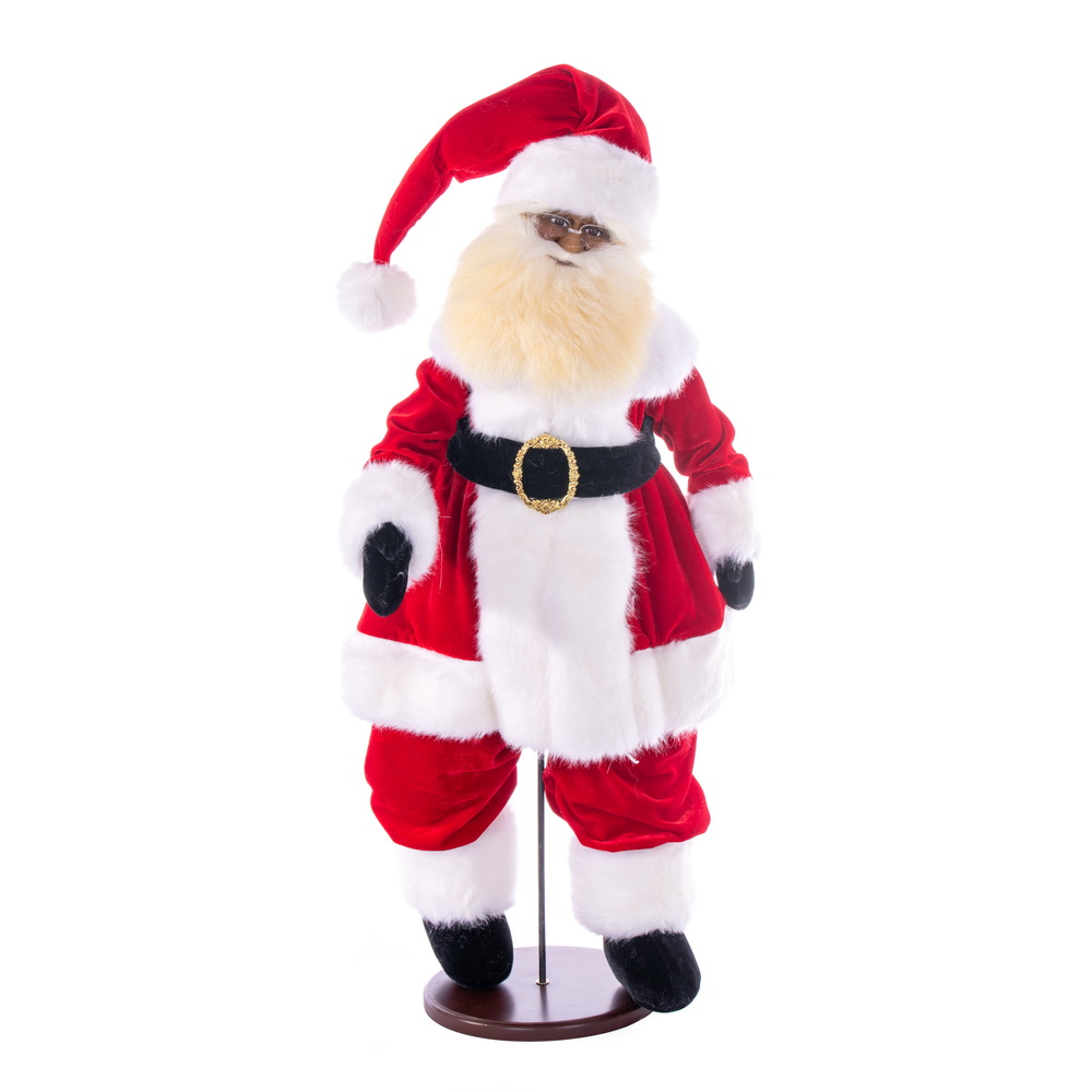 KV210529 28 in. Red Traditional Velvet Santa Doll Figurines Dark Complexion with Stand