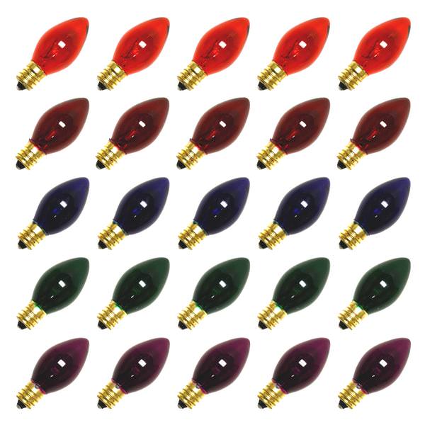 130V 7 watt C7 Transparent Replacement Bulbs with UL E12 Base, Multi Color - Pack of 25