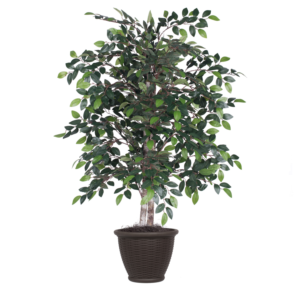 4 ft. Artificial Mini Ficus Bush in Brown Plastic Container, Green