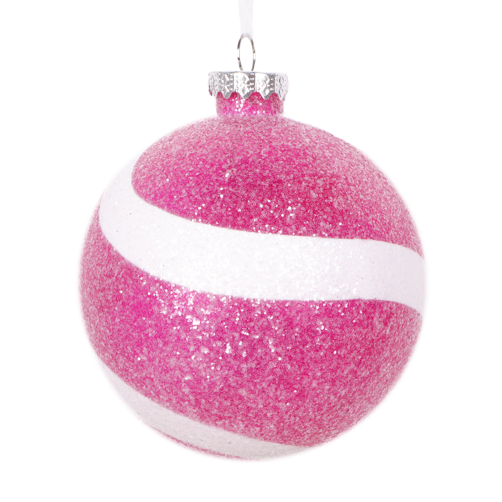 4 in. Sugar Glitter Ball Ornament, Fushsia & White - 4 per Bag