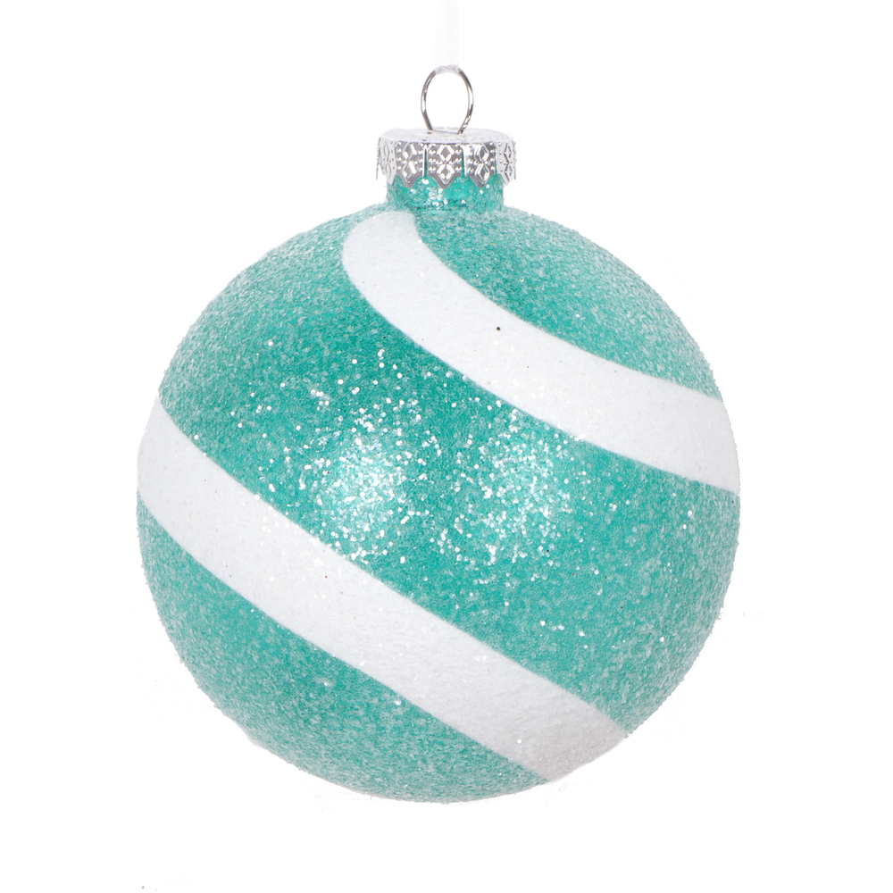 MT228542 4 in. Sugar Glitter Ball Ornament, Teal & White - 4 per Bag