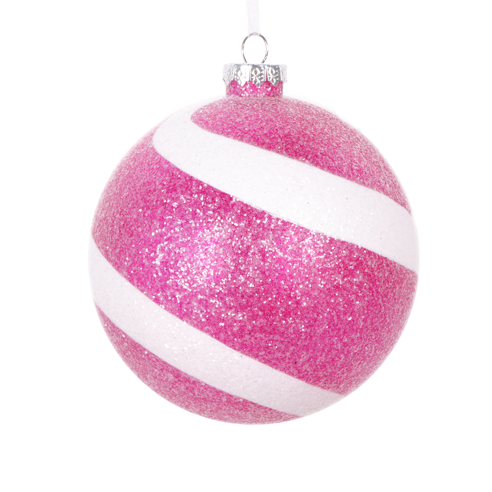 4.75 in. Sugar Glitter Ball Ornament, Fuchsia & White - 3 per Bag