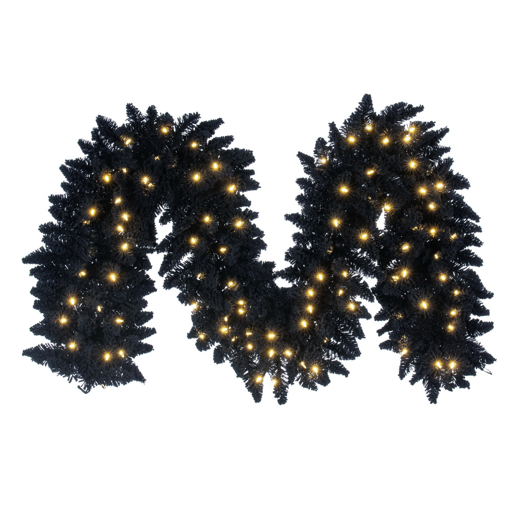 9 ft. x 14 in. Flocked Fir DuraLit 100 Warm White Artificial Garland, Black