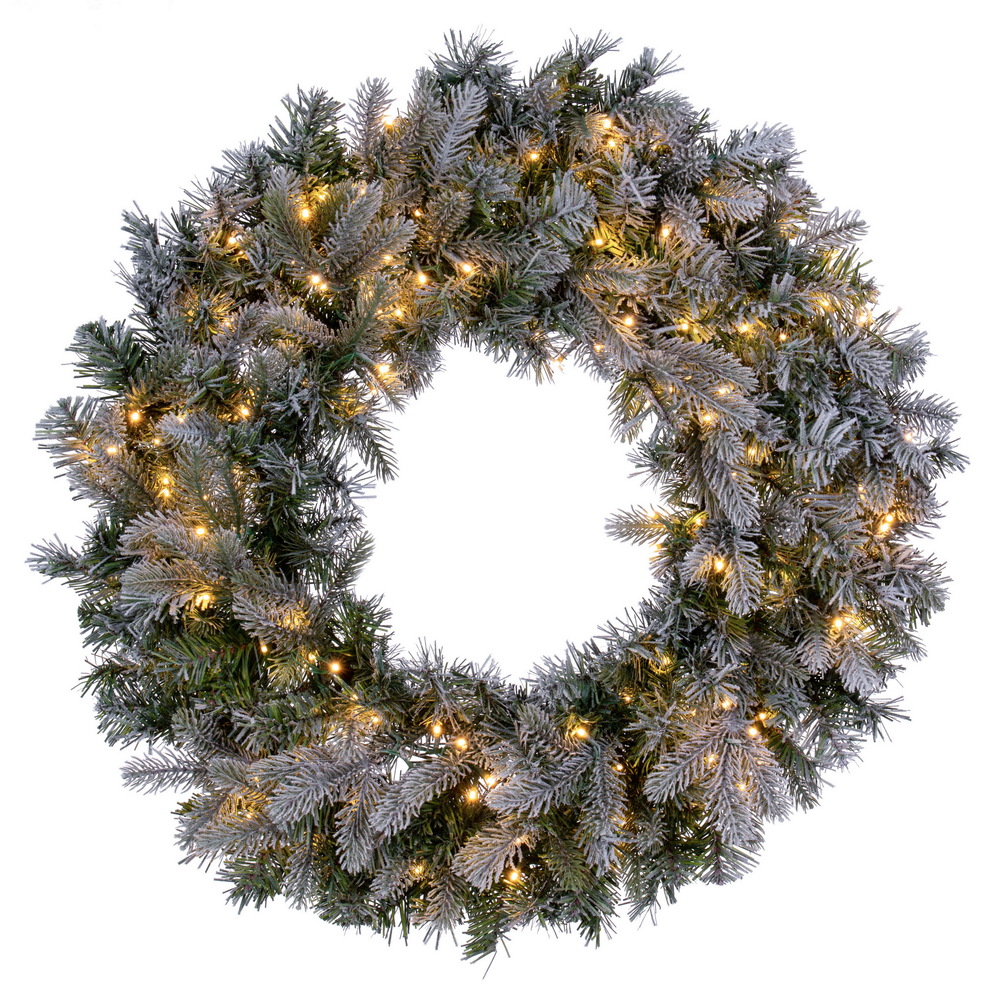 24 in. Frosted Douglas 3 mm 150 Warm White Wreath, Green