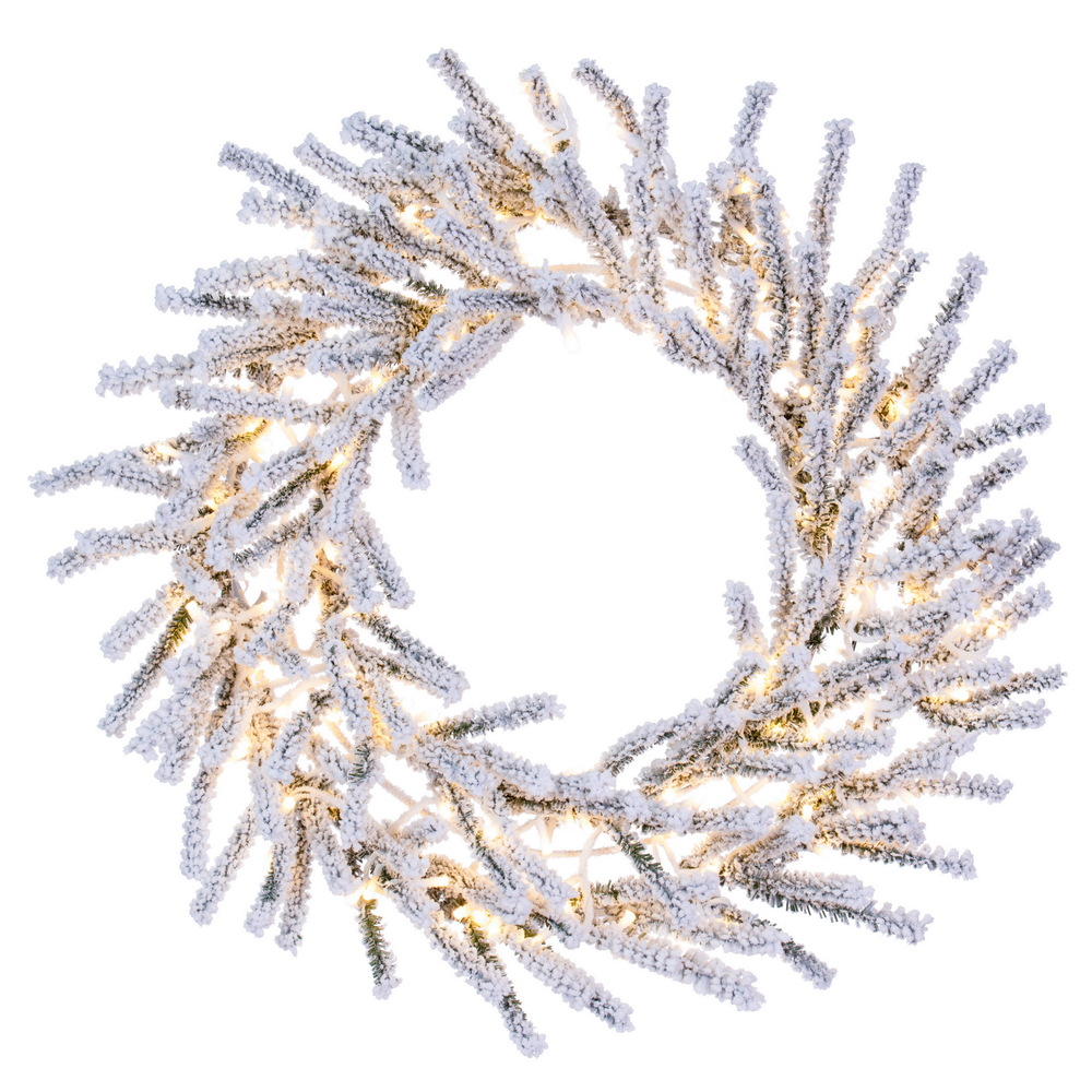30 in. Flocked Pistol Pine 3 mm 200 Warm White Wreath, White