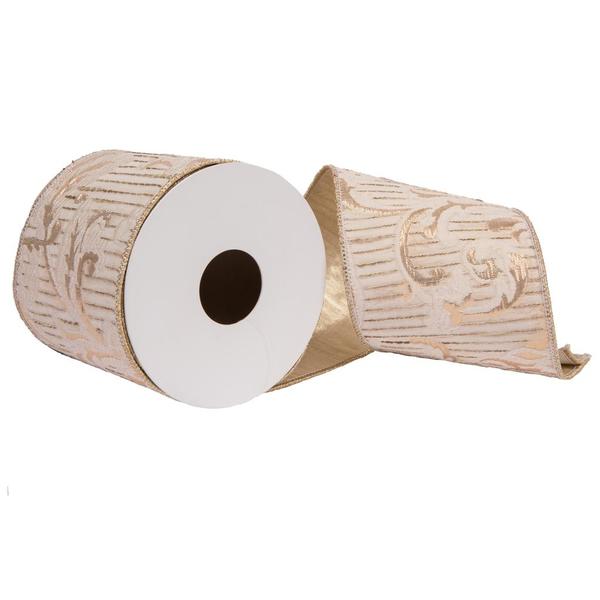 4 in. x 10 Yard Ivory Mgan Jacquard Gold Double Fused Back Ribbon