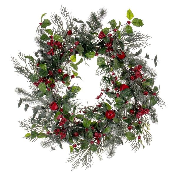 24 in. Green Holly Pine & Red Jingle Bell Wreath