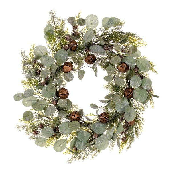 22 in. Winter Cedar, Pinecone, Eucalyptus & Brown Jingle Bell Wreath