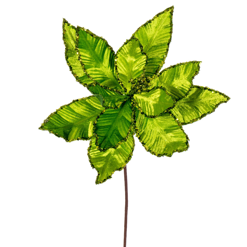 24 in. Velvet Sequin Trim Poinsettia Spray, Lime - 3 per Bag