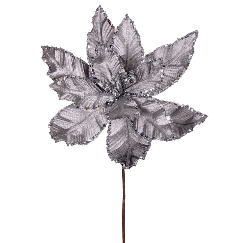 Picture of Vickerman RG221307 24 in. Velvet Sequin Trim Poinsettia Spray, Silver - 3 per Bag