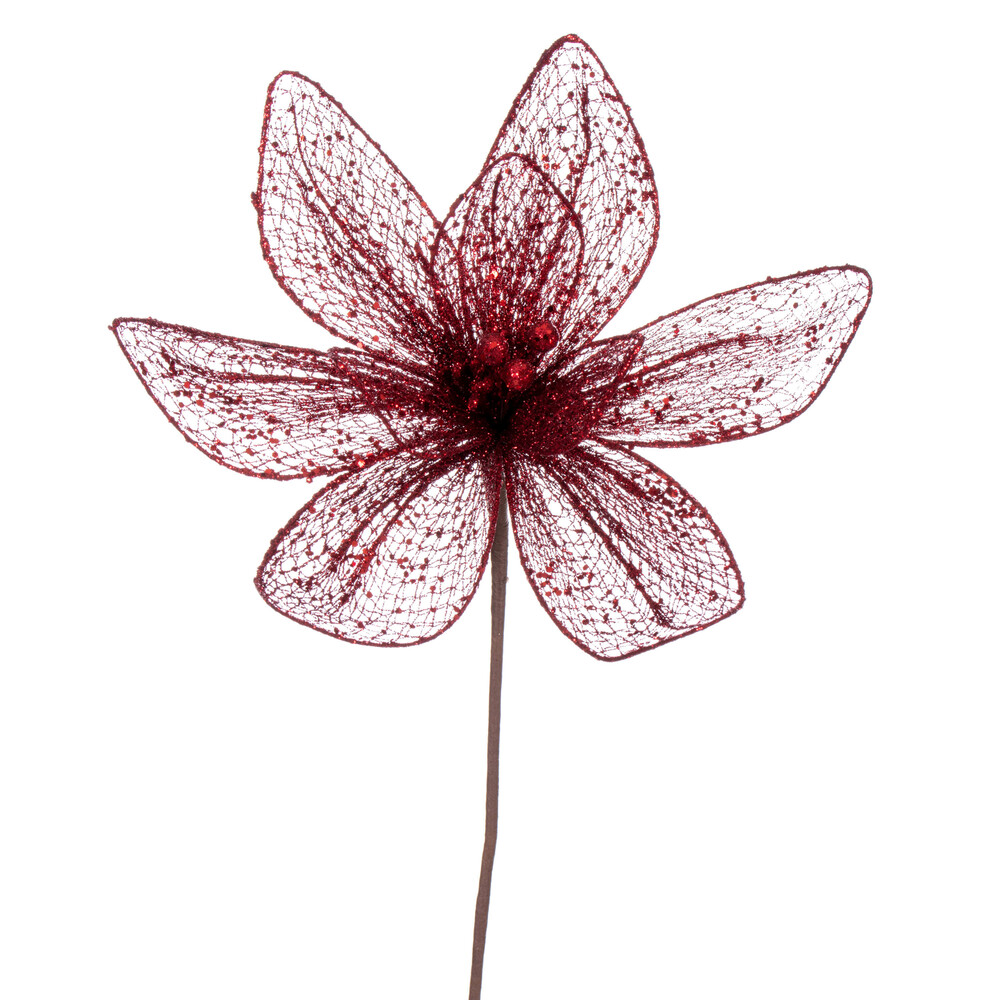 24 in. Mesh Glitter Sequin Poinsettia Spray, Burgundy - 2 per Bag