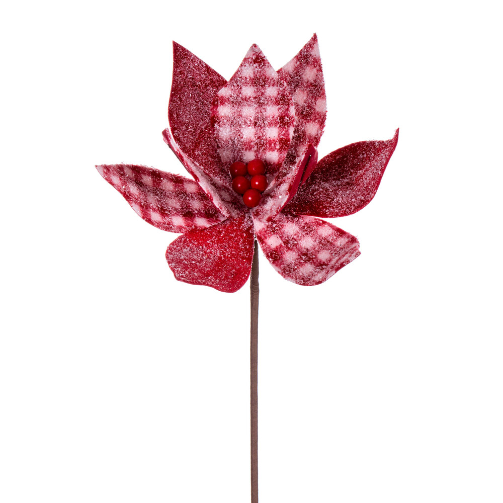 RG222103 21 in. Frosted Buffalo Check Velvet Poinsettia Spray, Red - 4 per Bag