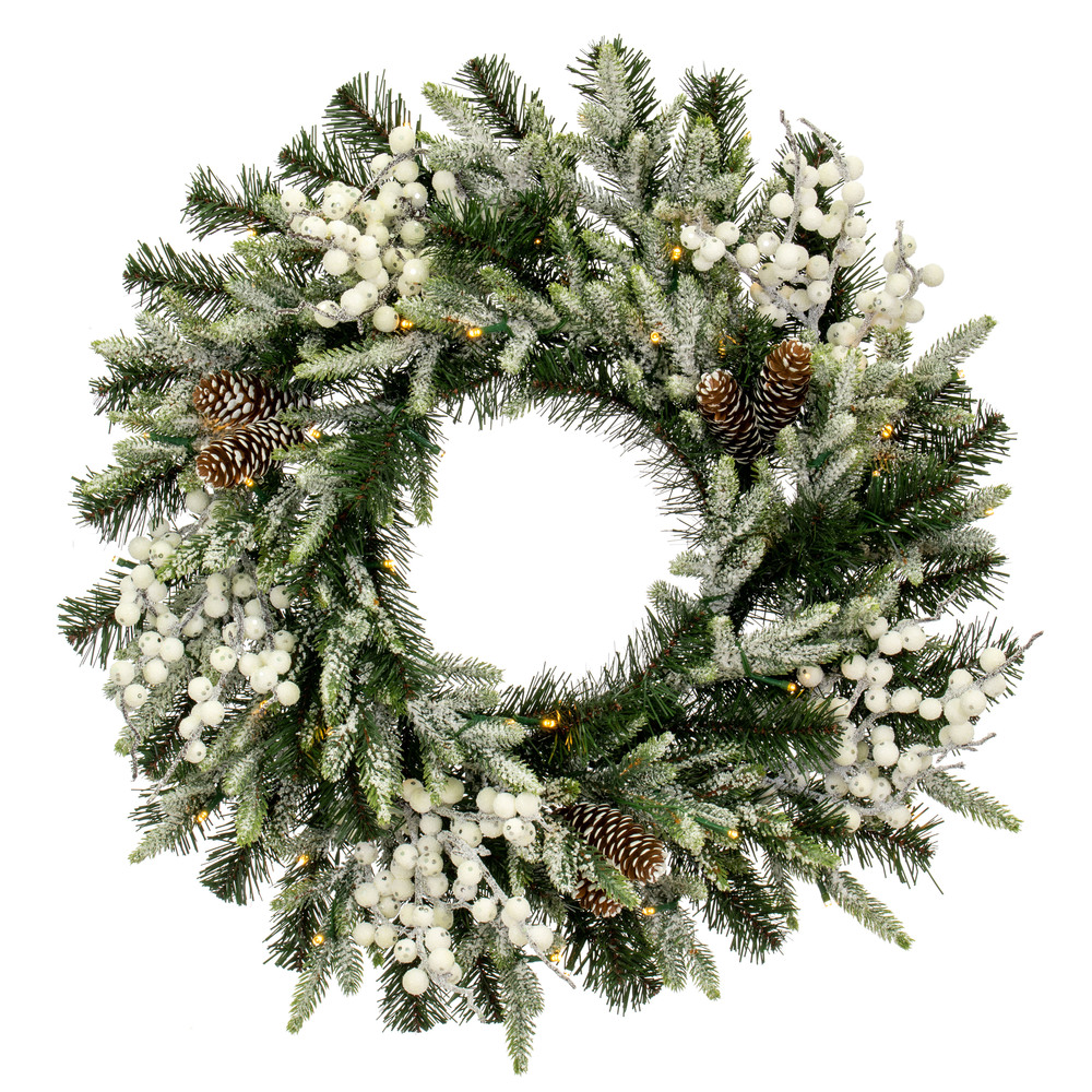 G220826LEDBO 24 in. Frosted Berry Battery Operated Timer 3 mm 35 Warm White Wreath, Green & White -  Vickerman
