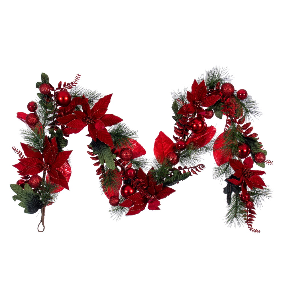 72 in. Merry Red Poinsetta Decorated Garland