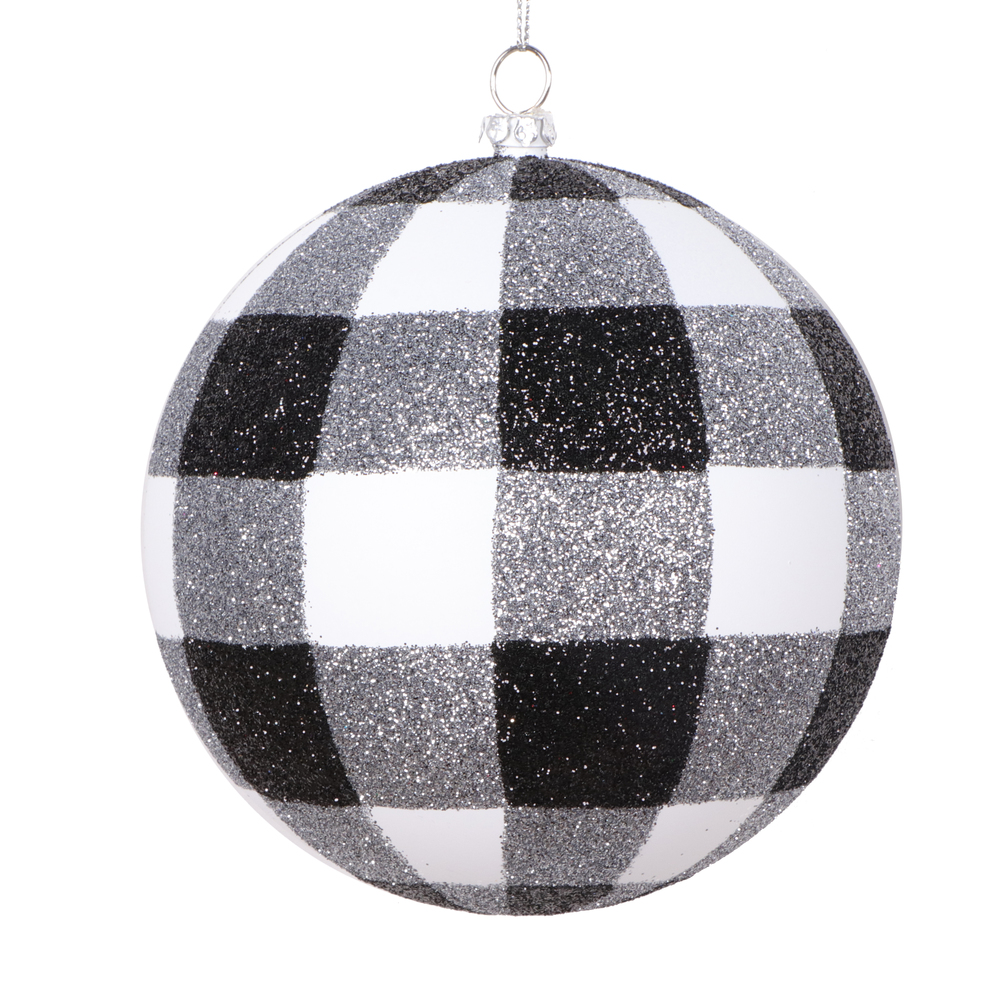 4.7 in. Plaid Glitter Ball Ornament, White & Black - 3 per Bag