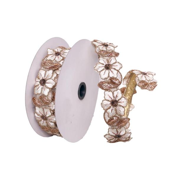 Picture of Vickerman Q221742 1.5 in. x 5 Yard Cream & Rose Gold Flower Wired Edge Christmas Ribbon