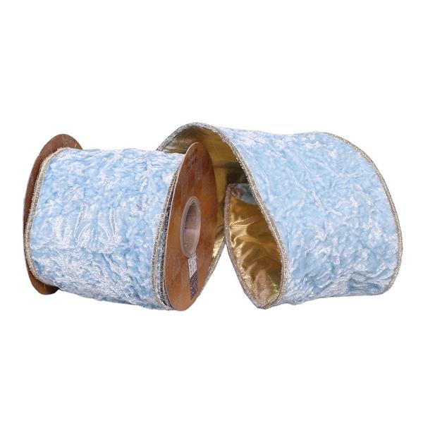 Q222181 4 in. x 5 Yard Light Blue Crushed Velvet Wired Edge Christmas Ribbon
