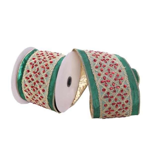 Picture of Vickerman Q222752 4 in. x 5 Yard Green with Red Jewels Wired Edge Christmas Ribbon