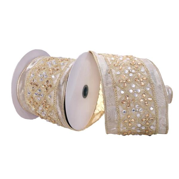 Picture of Vickerman Q222761 4 in. x 5 Yard Champagne&#44; Silver & Gold Jeweled Wired Edge Christmas Ribbon