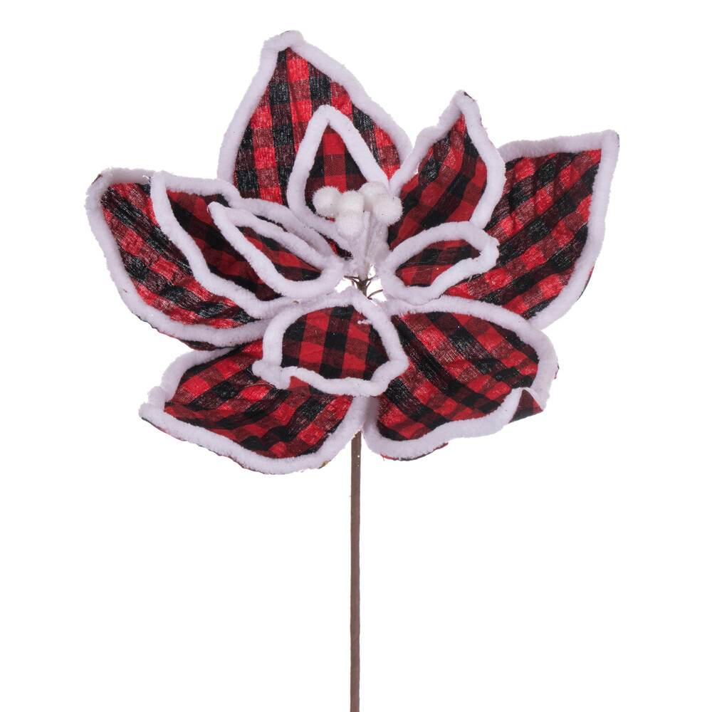 11 in. Plaid White Line Flower, Black & Red - 6 per Bag