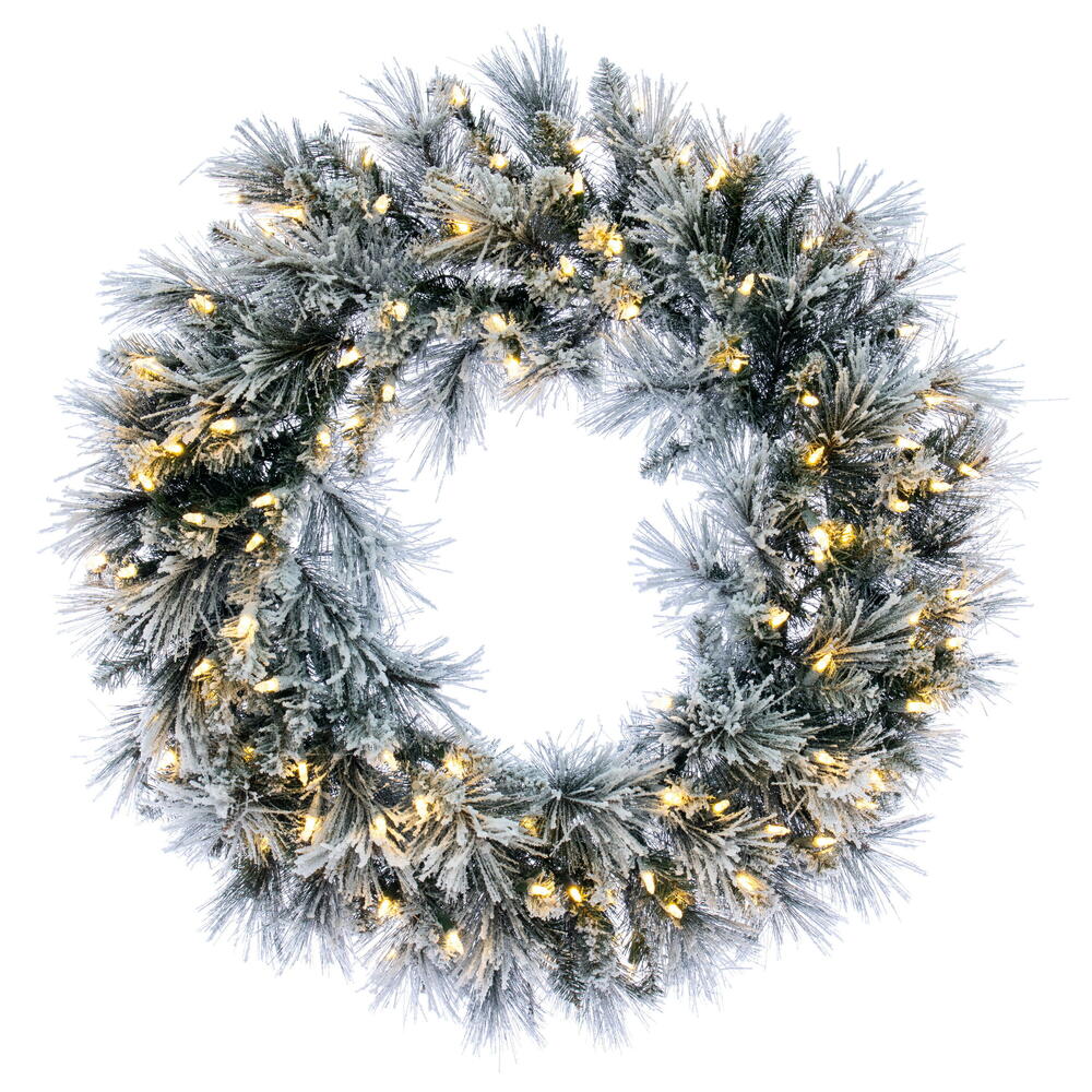 30 in. Flocked Jackson DuraLit 100 Warm White Wreath, Green & White