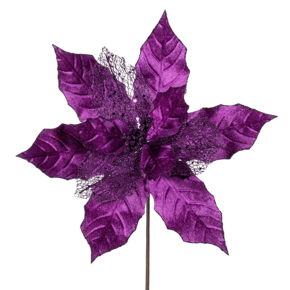 11 in. Glitter Mesh Poinsettia Spray, Plum - 6 per Bag