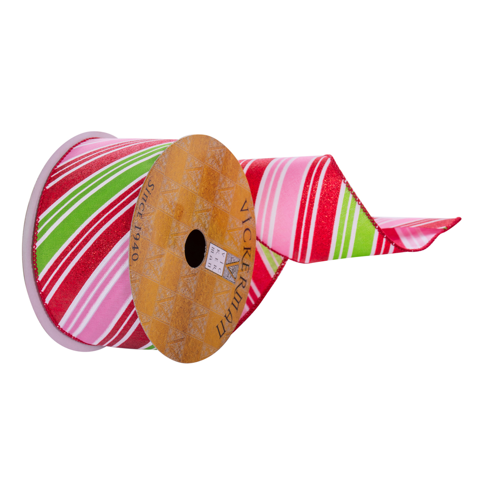 Q220126 2.5 in. x 10 Yards Stripe Ribbon - Red, Green & Pink