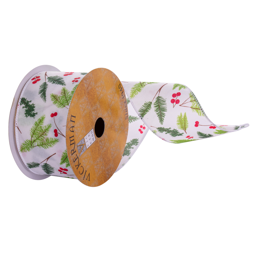 2.5 in. x 10 Yards Pine Tips Berry Ribbon, White