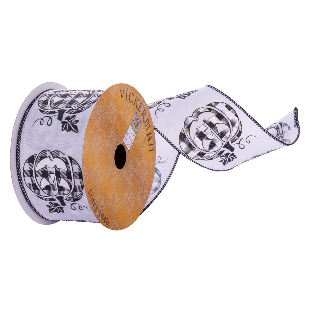 Q221158 2.5 in. x 10 Yards Plaid Pumpkin Ribbon, White