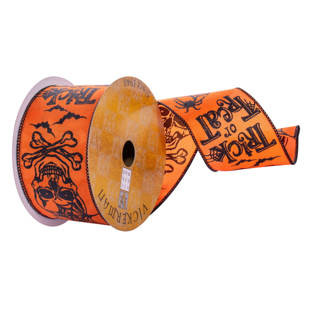 Q221160 2.5 in. x 10 Yards Skull Spiderweb Ribbon, Orange