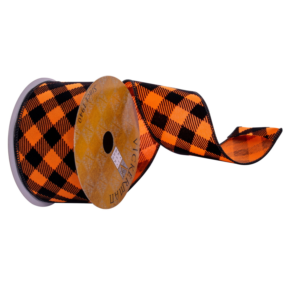 Q221163 2.5 in. x 10 Yards Plaid Ribbon, Orange & Black