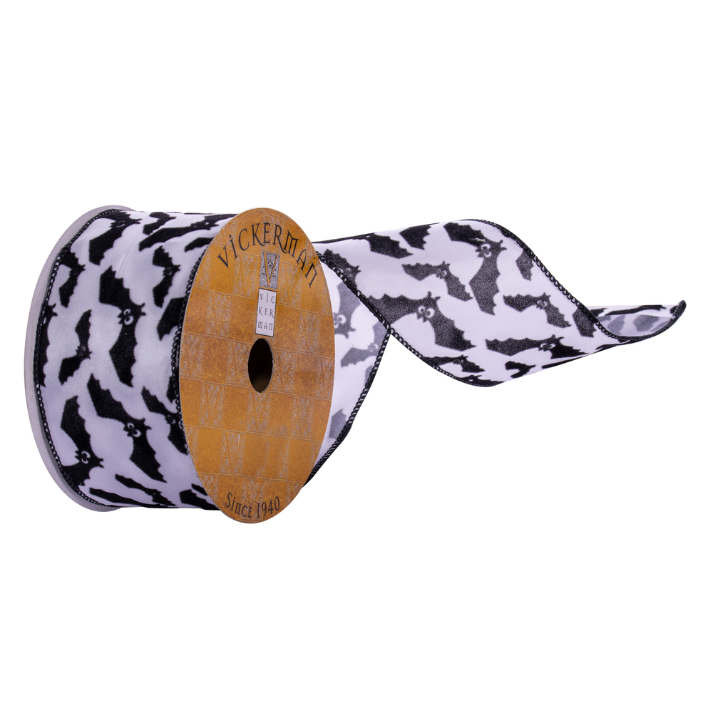 2.5 in. x 10 Yards Velvet Bats Ribbon, White & Black