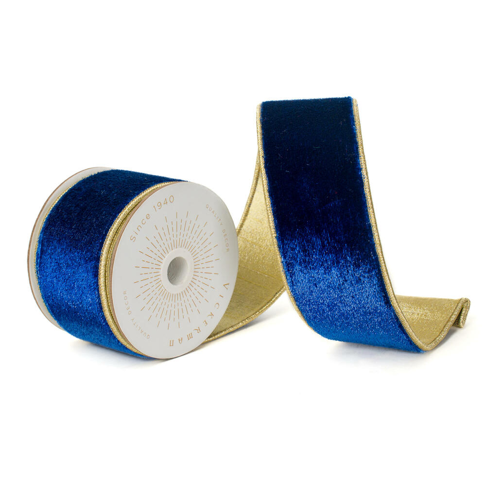 QK241110 2.5 in. x 10 yard Royal Blue Shiny Velvet Gold Ribbon