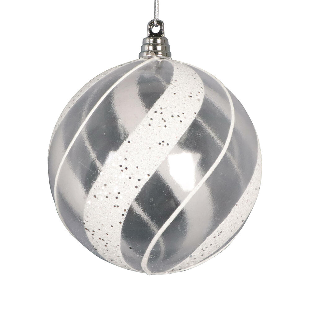 MT232404 4 in. Clear Ball White & Silver Glitter Ornament - 3 Piece Per Bag