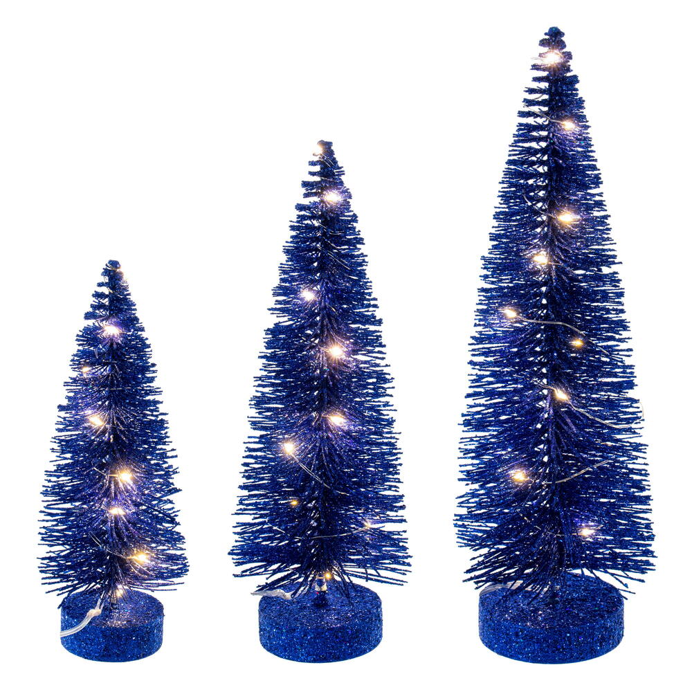 LS240102WWBO 8 - 10 - 12 in. Bottle Brush Christmas Trees with Clear Light, Blue