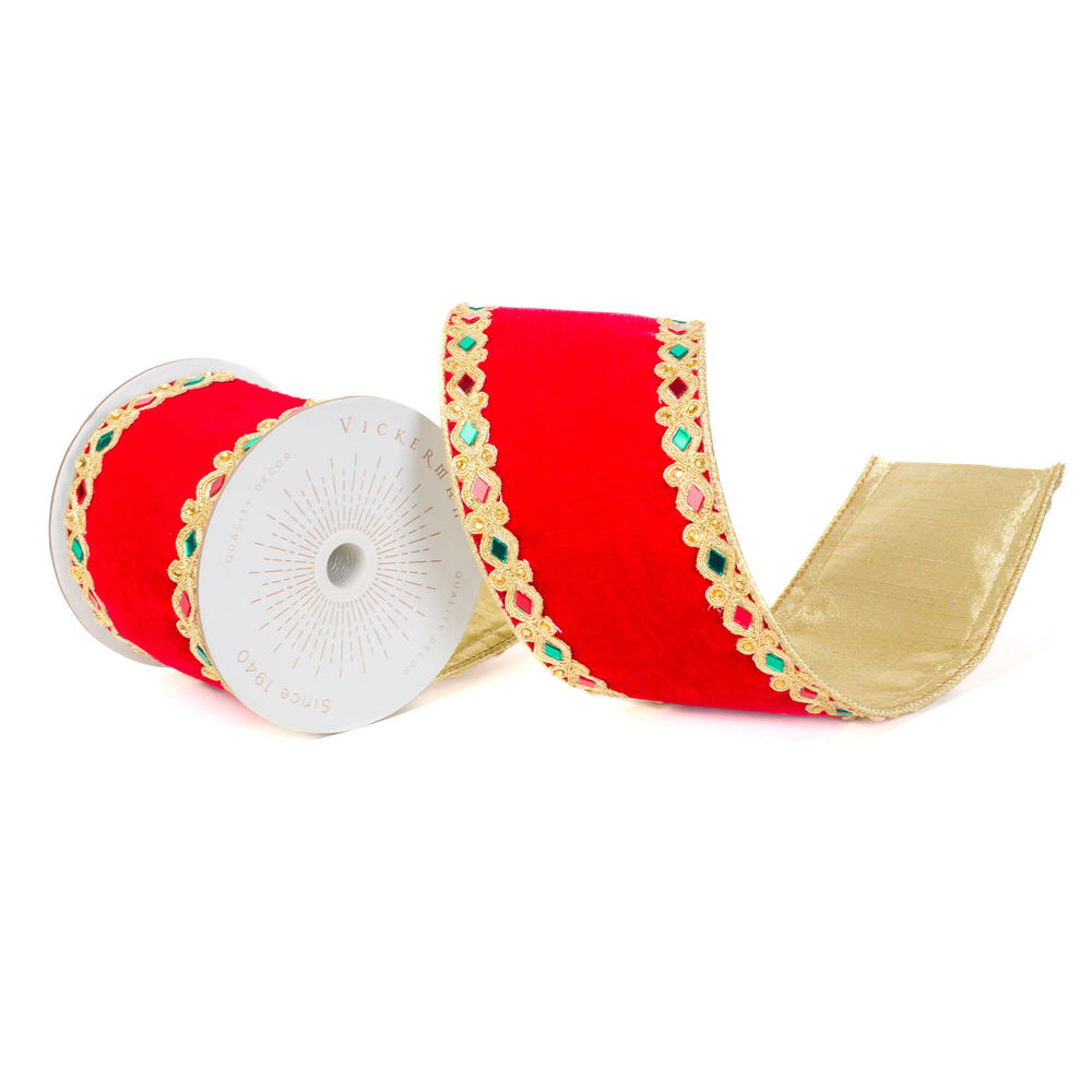 QK240965 4 in. x 10 Yards Red Velvet Jeweled Gold Applique Wired Ribbon