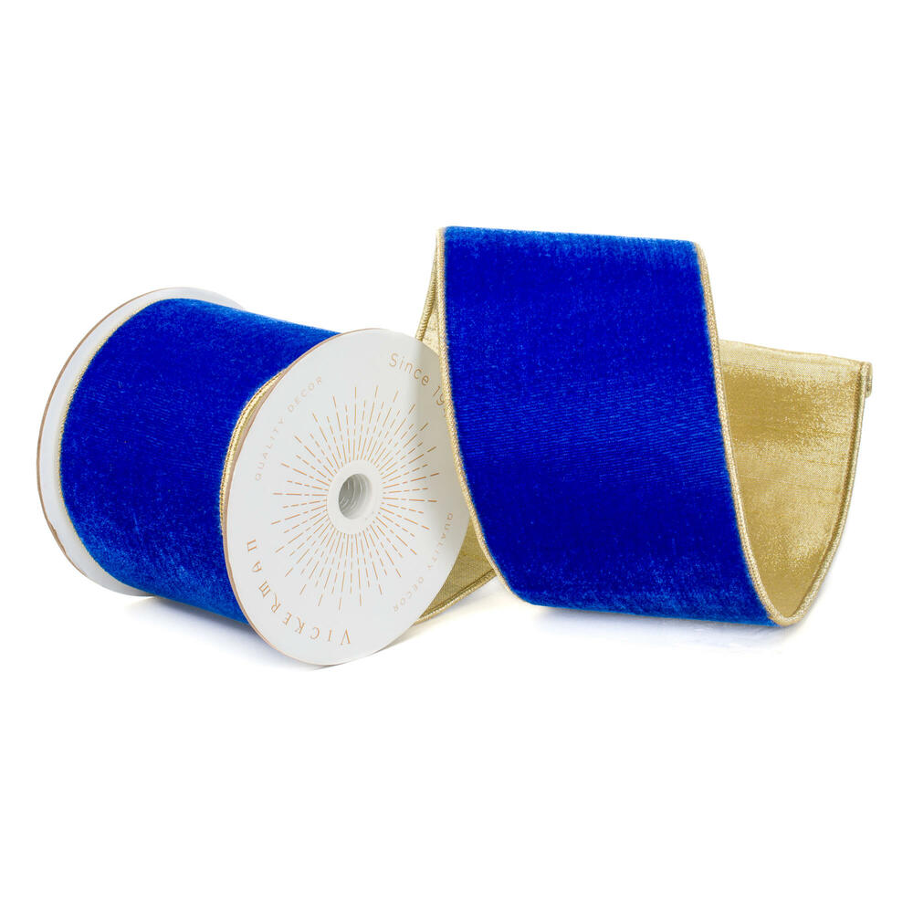 QK242550 4 in. x 10 yard Royal Blue Velvet Gold Trim & Back Ribbon